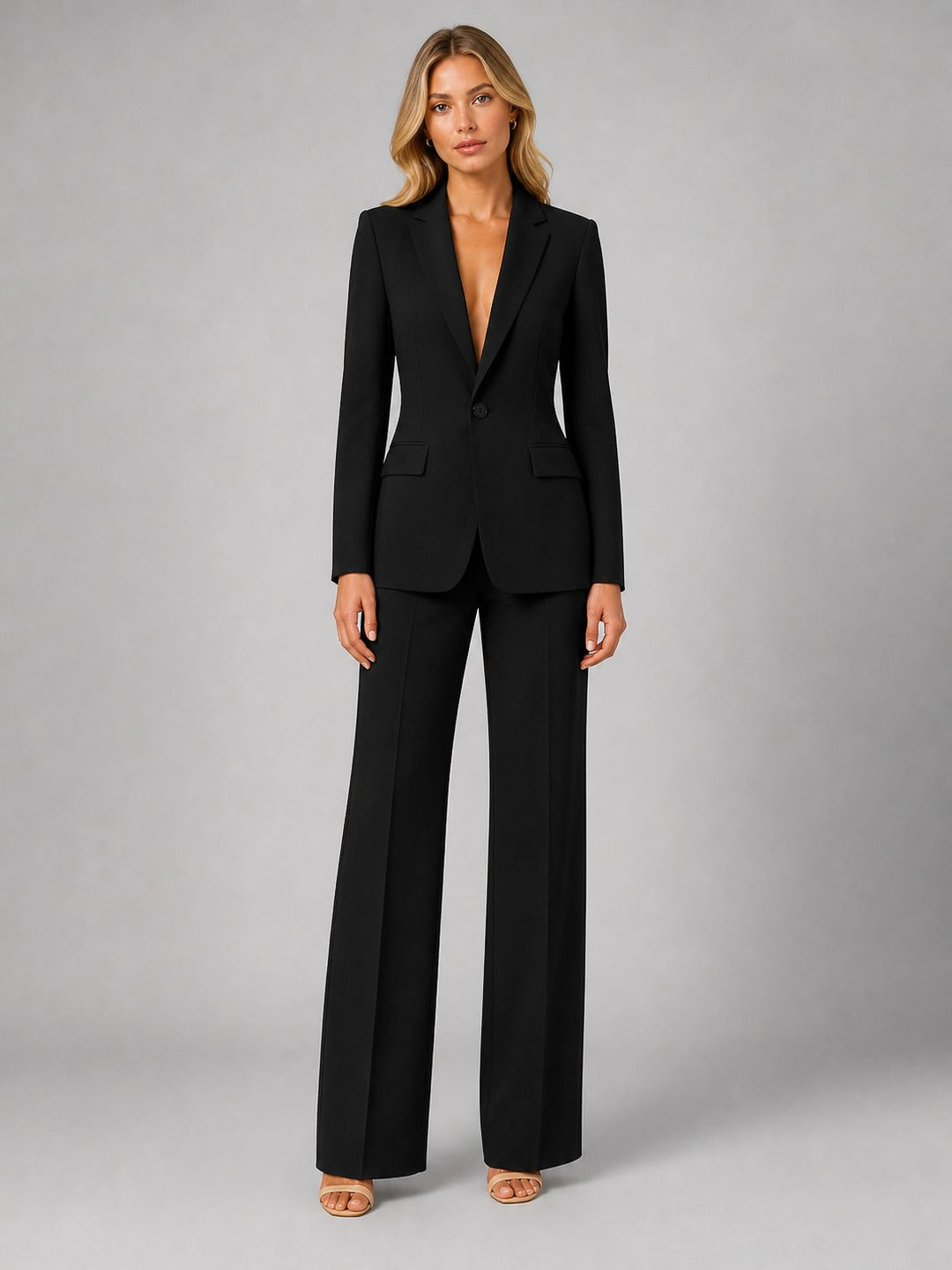 Trouser Suit Womens Tailored Blazer Notch Lapel Wide Leg Two Piece
