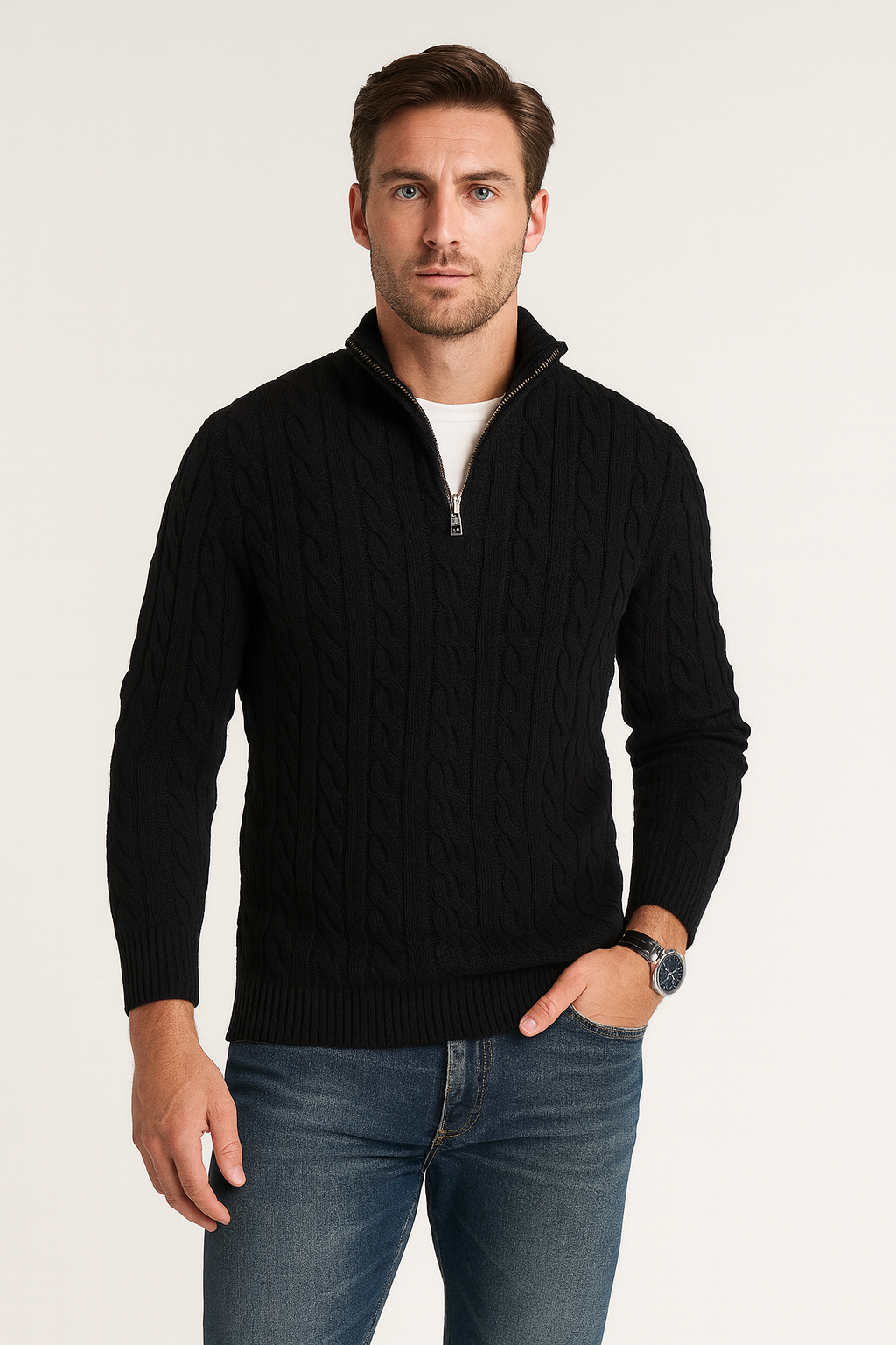 Cable Knit Half Zip Jumper Mens High Neck Chunky Ribbed Cuffs Regular Fit - image 4