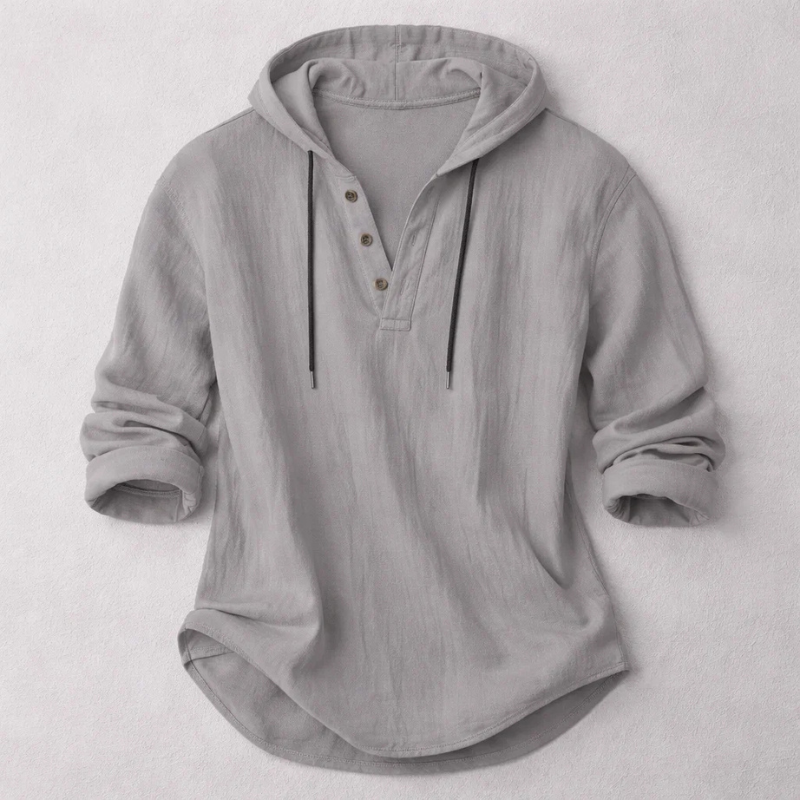 Hooded Shirt Mens Linen-Look Long Sleeve Pullover Button Placket Drawstring Holiday - image 3