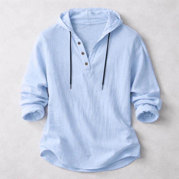 Hooded Shirt Mens Linen-Look Long Sleeve Pullover Button Placket Drawstring Holiday - image 1