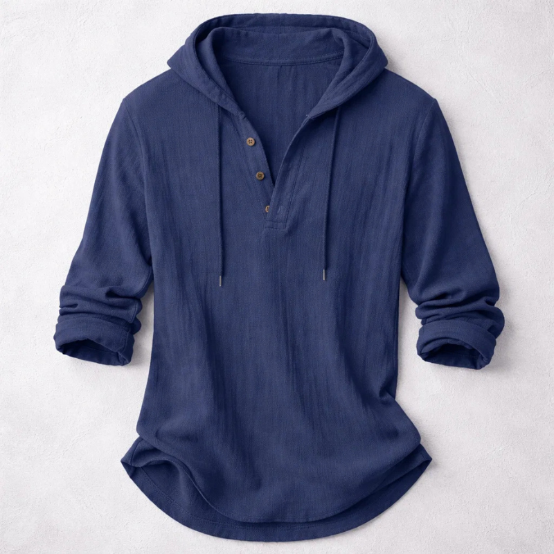 Hooded Shirt Mens Linen-Look Long Sleeve Pullover Button Placket Drawstring Holiday - image 4