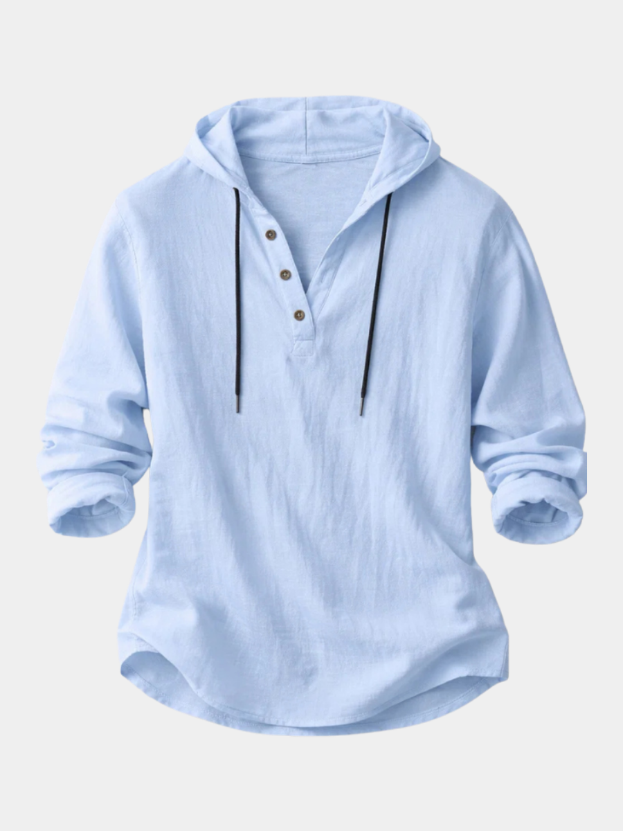 Hooded Shirt Mens Linen-Look Long Sleeve Pullover Button Placket Drawstring Holiday - image 2