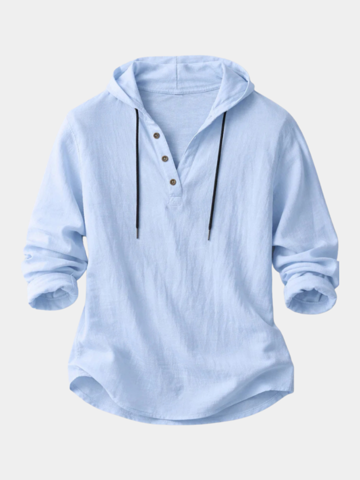 Hooded Shirt Mens Linen-Look Long Sleeve Pullover Button Placket Drawstring Holiday - image 2