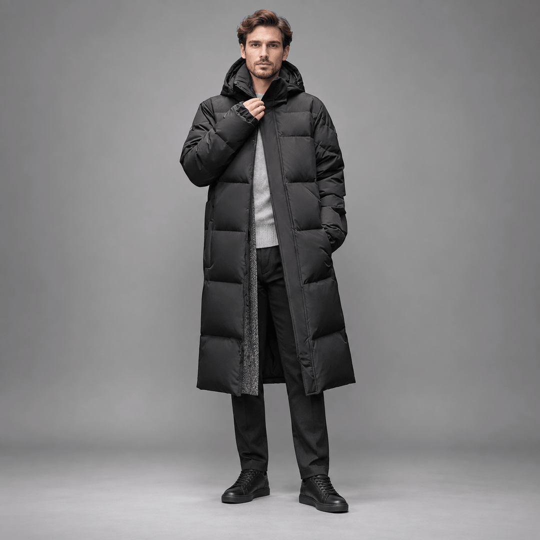 Longline Puffer Coat Mens Hooded Quilted Below Knee Stand Collar Zip Snap Front - image 3