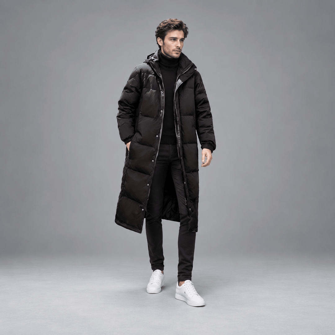 Longline Puffer Coat Mens Hooded Quilted Below Knee Stand Collar Zip Snap Front - image 5