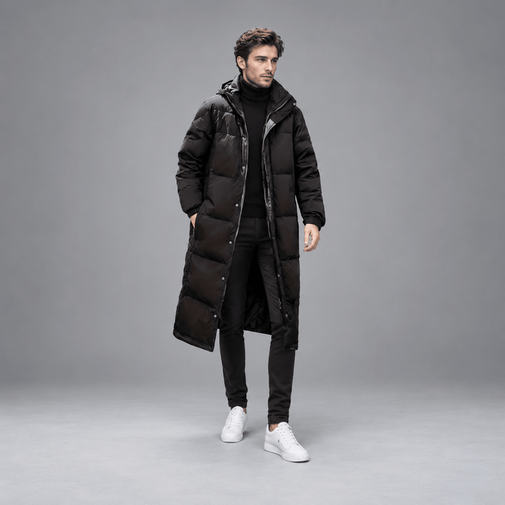 Longline Puffer Coat Mens Hooded Quilted Below Knee Stand Collar Zip Snap Front - image 5