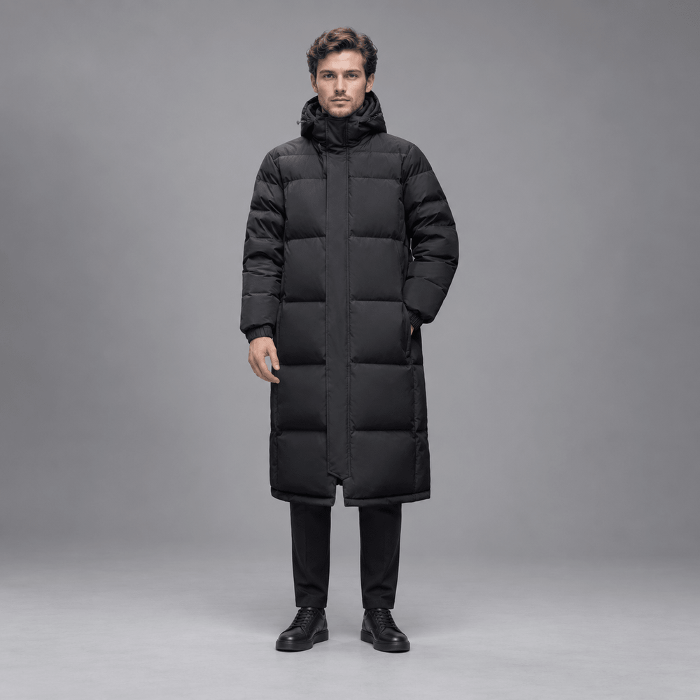 Longline Puffer Coat Mens Hooded Quilted Below Knee Stand Collar Zip Snap Front - image 2