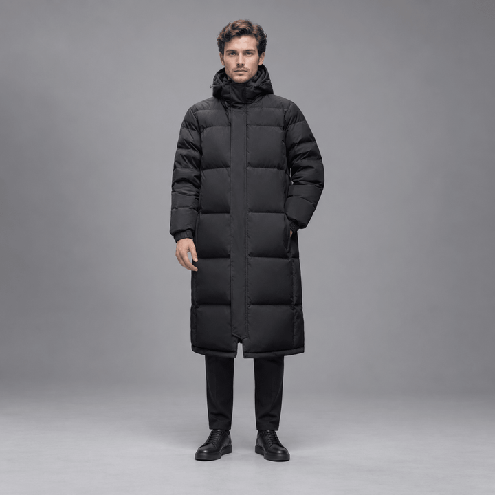 Longline Puffer Coat Mens Hooded Quilted Below Knee Stand Collar Zip Snap Front - image 2