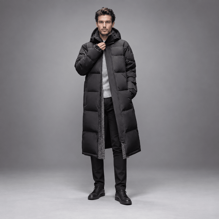 Longline Puffer Coat Mens Hooded Quilted Below Knee Stand Collar Zip Snap Front - image 1