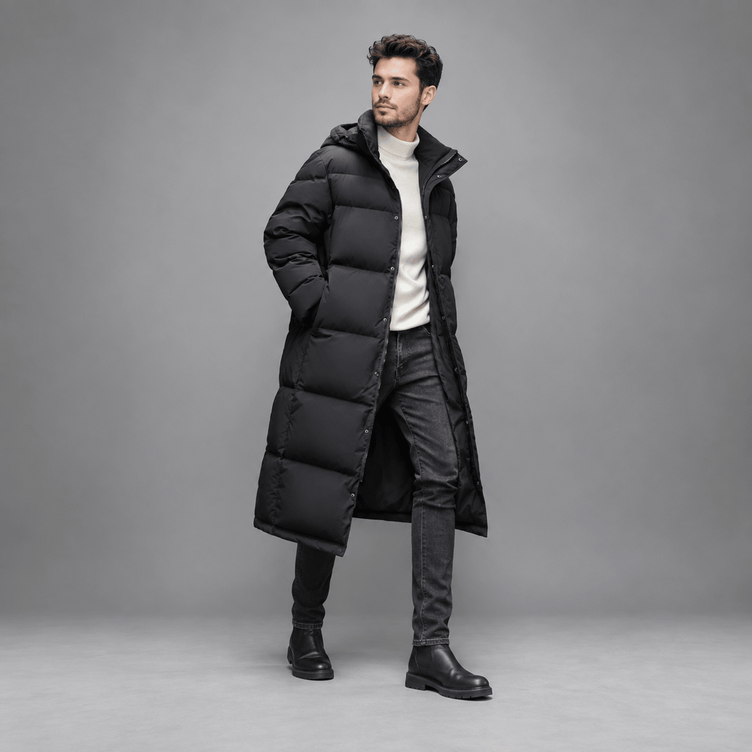 Longline Puffer Coat Mens Hooded Quilted Below Knee Stand Collar Zip Snap Front - image 4