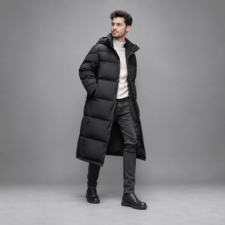 Longline Puffer Coat Mens Hooded Quilted Below Knee Stand Collar Zip Snap Front - image 4