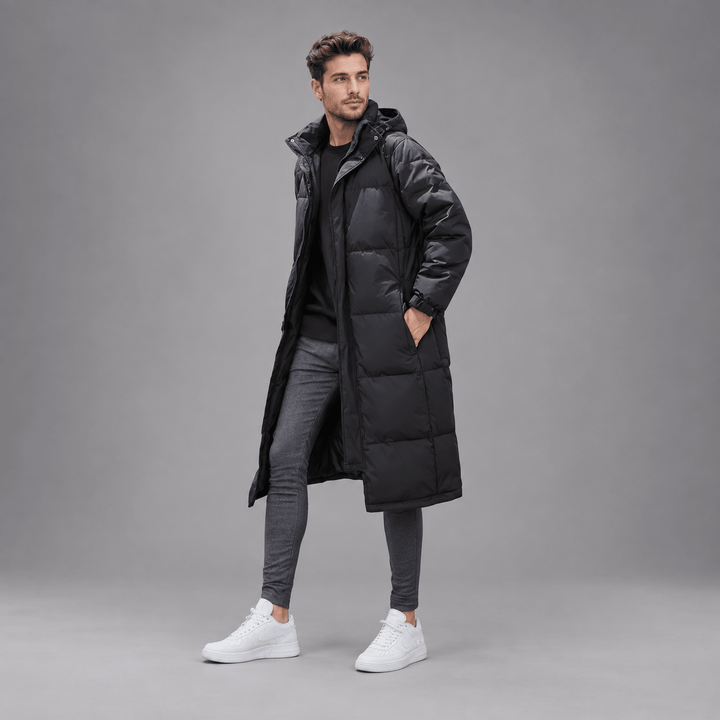 Longline Puffer Coat Mens Hooded Quilted Below Knee Stand Collar Zip Snap Front - image 6