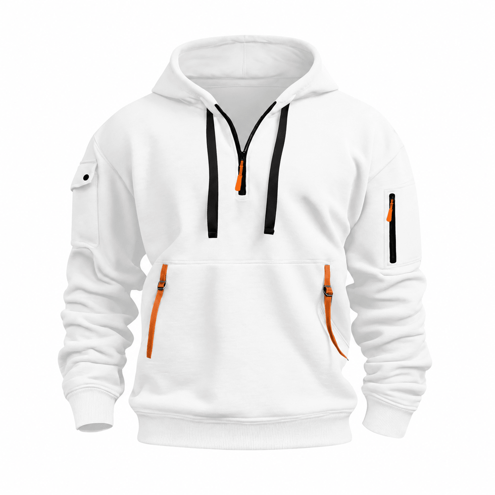 Quarter Zip Hoodie Mens Utility Pockets Drawstring Hood Ribbed Cuffs Relaxed Fit - image 2