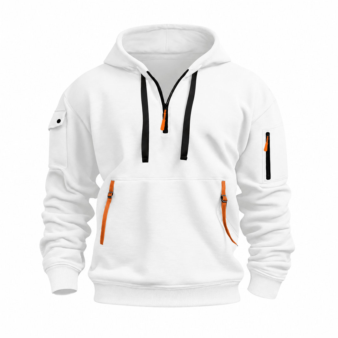 Quarter Zip Hoodie Mens Utility Pockets Drawstring Hood Ribbed Cuffs Relaxed Fit - image 2