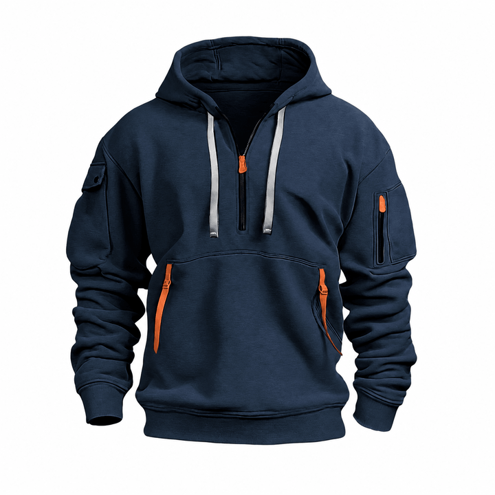 Quarter Zip Hoodie Mens Utility Pockets Drawstring Hood Ribbed Cuffs Relaxed Fit - image 3