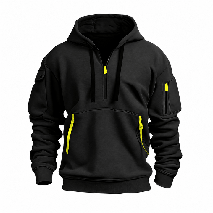 Quarter Zip Hoodie Mens Utility Pockets Drawstring Hood Ribbed Cuffs Relaxed Fit - image 1