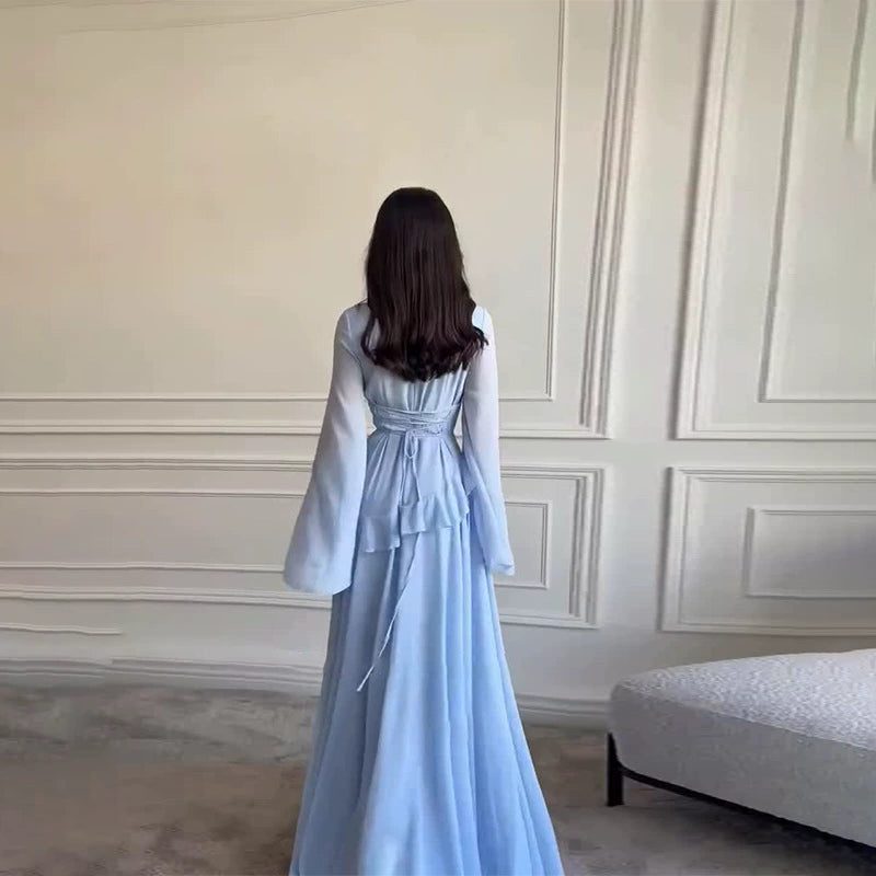 Maxi Dress Womens Tiered Skirt Bell Sleeve Fitted Bodice Wedding Guest