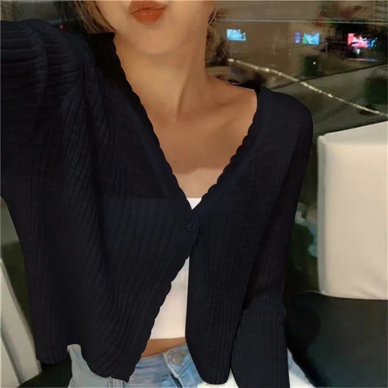 Cardigan Womens Cropped V Neck Button Front Lightweight