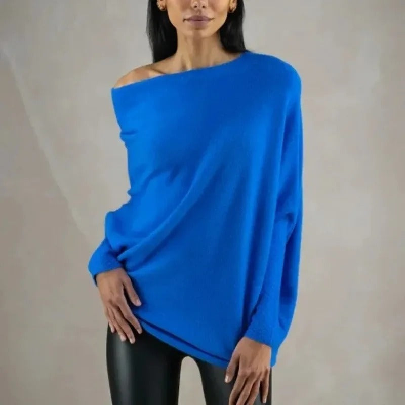Jumper Womens Off Shoulder Cowl Neck Draped Asymmetric Hem Long Sleeve - image 6