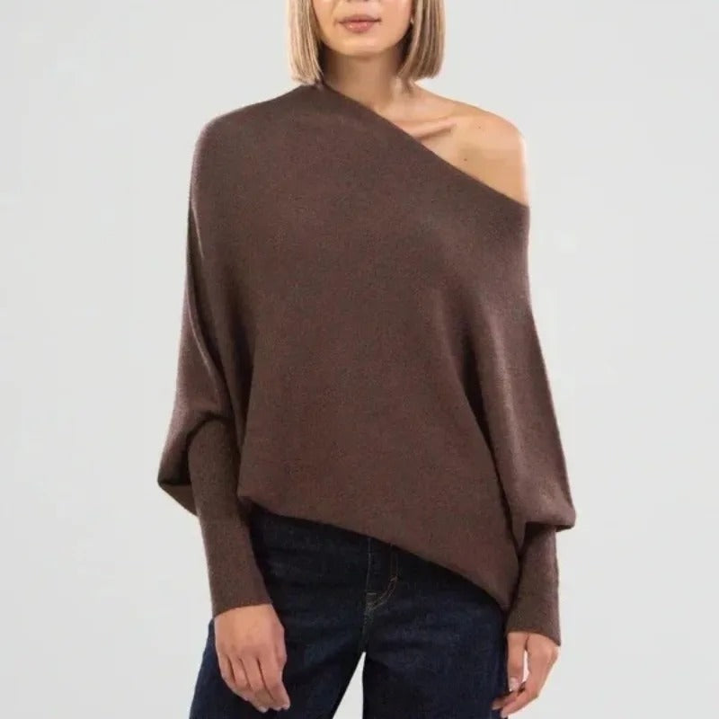 Jumper Womens Off Shoulder Cowl Neck Draped Asymmetric Hem Long Sleeve - image 5