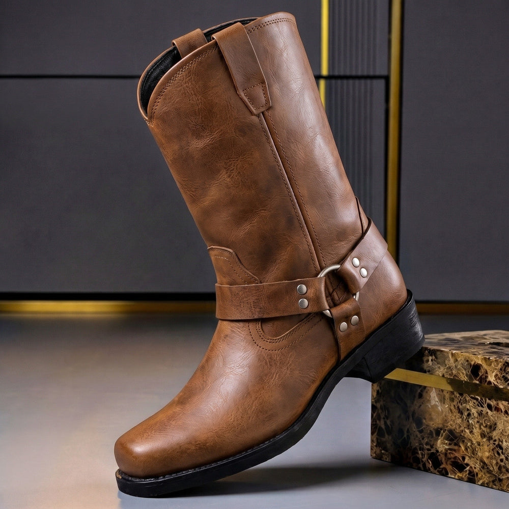 Harness Boots Mens Mid Calf Pull On Leather Look Ring Strap Square Toe Block Heel - image 2