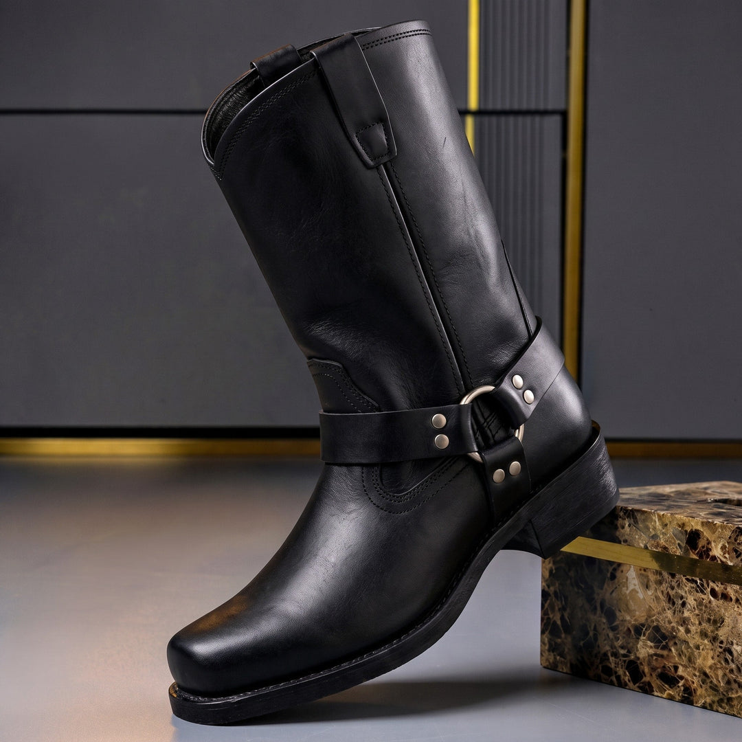 Harness Boots Mens Mid Calf Pull On Leather Look Ring Strap Square Toe Block Heel - image 1