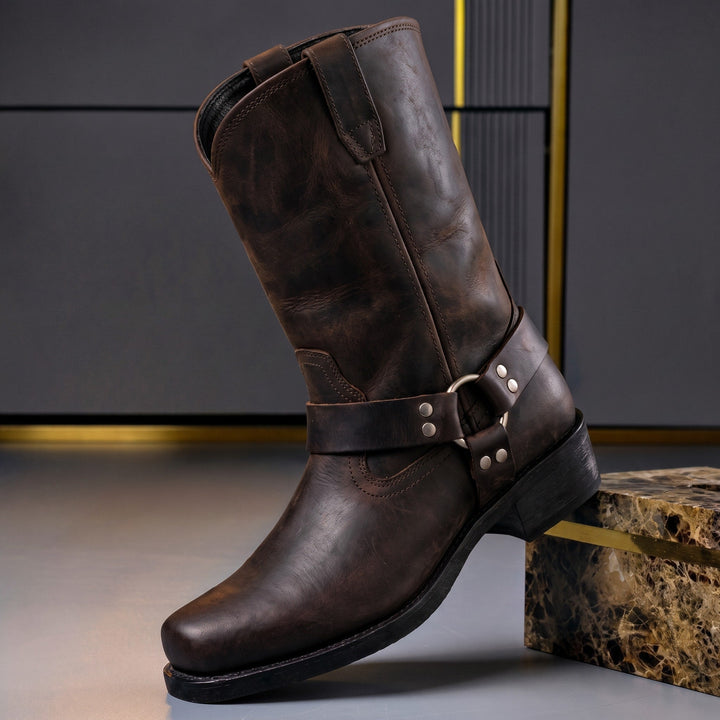 Harness Boots Mens Mid Calf Pull On Leather Look Ring Strap Square Toe Block Heel - image 3