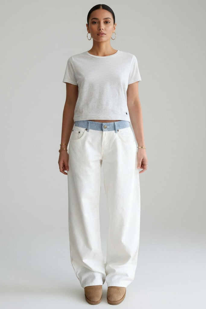 Wide Leg Jeans Womens Contrast Striped Waistband Baggy Mid Rise Five Pocket - image 2