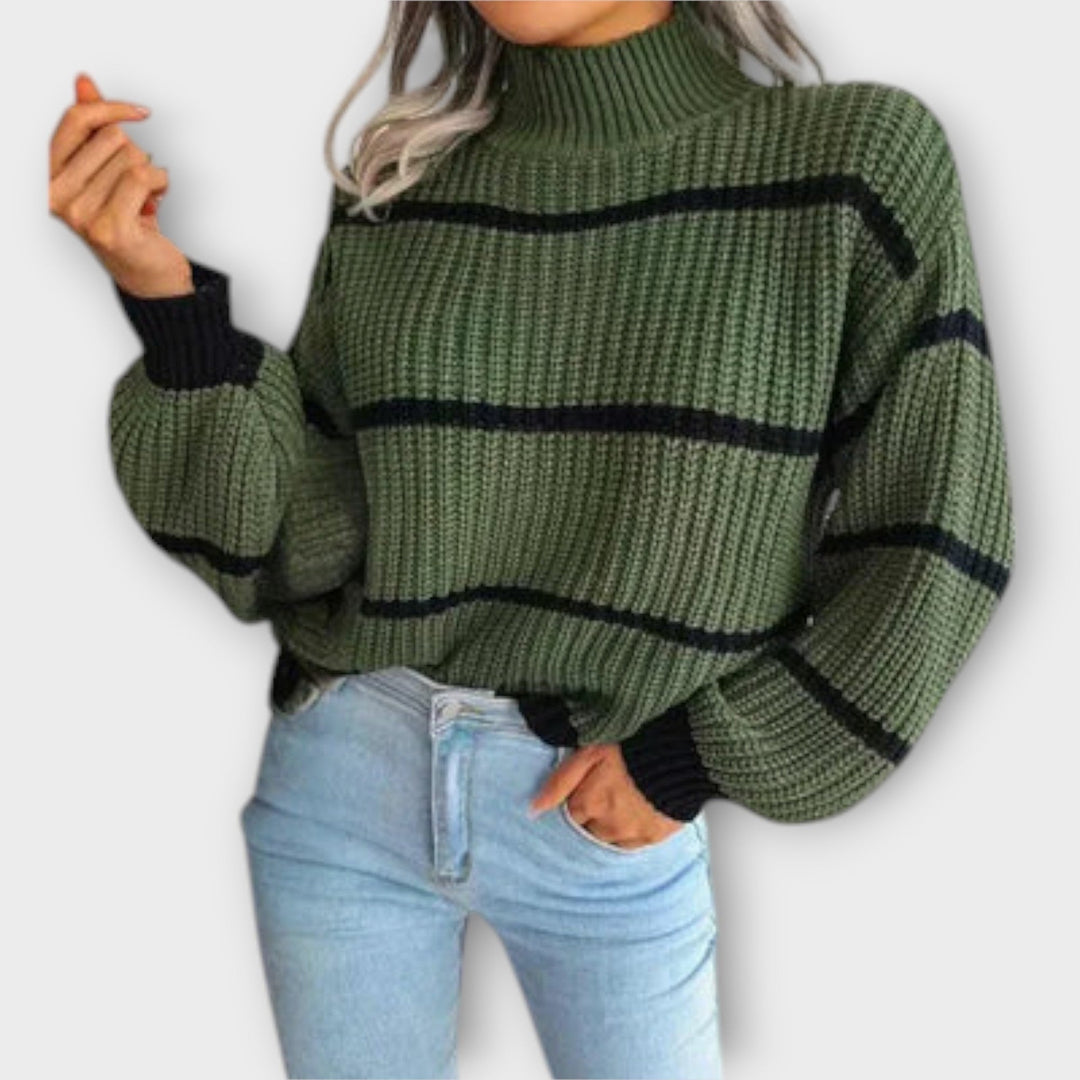 Jumper Womens Contrast Stripe High Neck Wide Sleeve Chunky Purl Knit Oversized - image 1