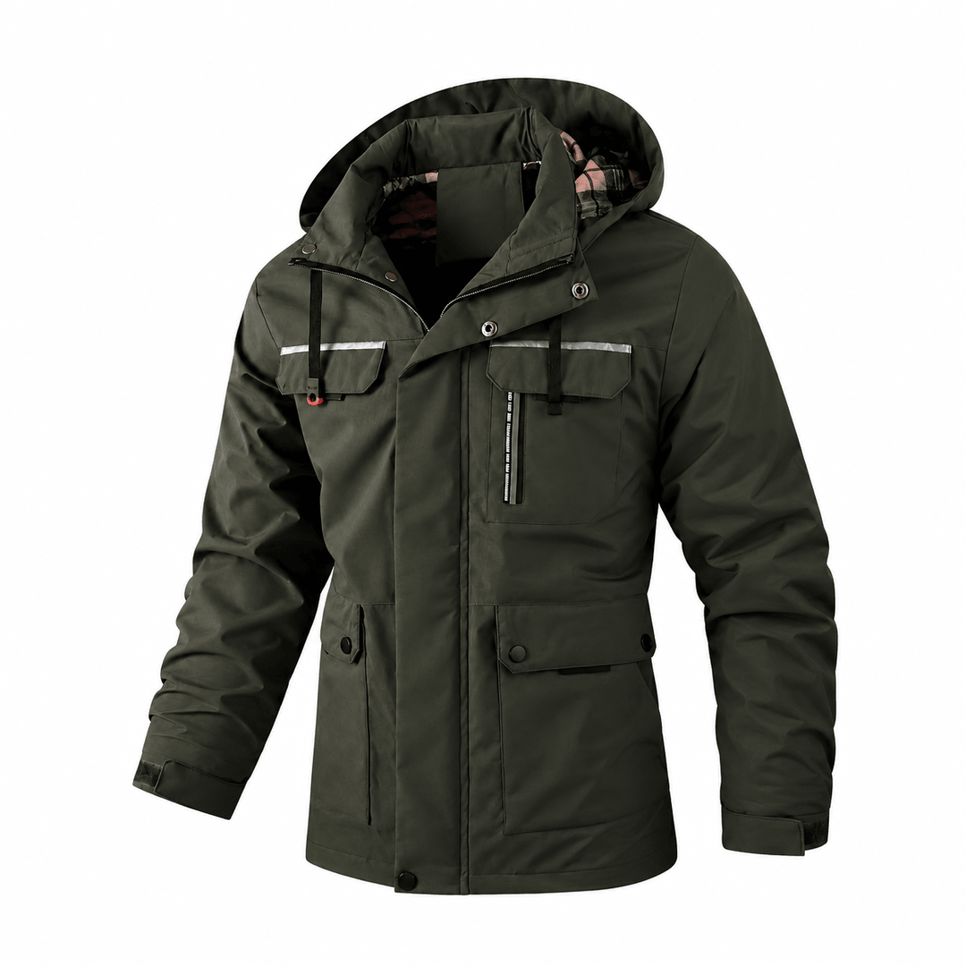 Hooded Jacket Mens Check Lined Multi Pocket Utility Zip Snap Storm Flap Outdoor - image 6