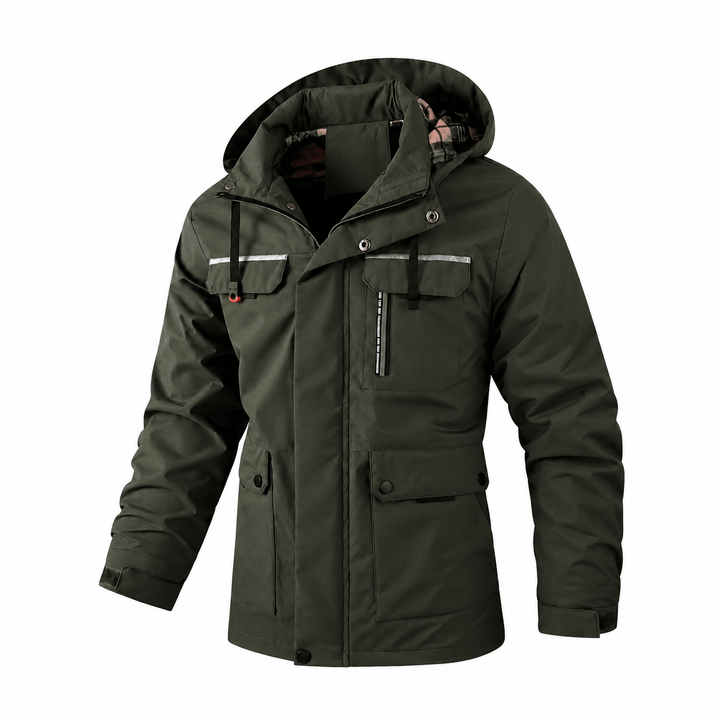 Hooded Jacket Mens Check Lined Multi Pocket Utility Zip Snap Storm Flap Outdoor - image 6