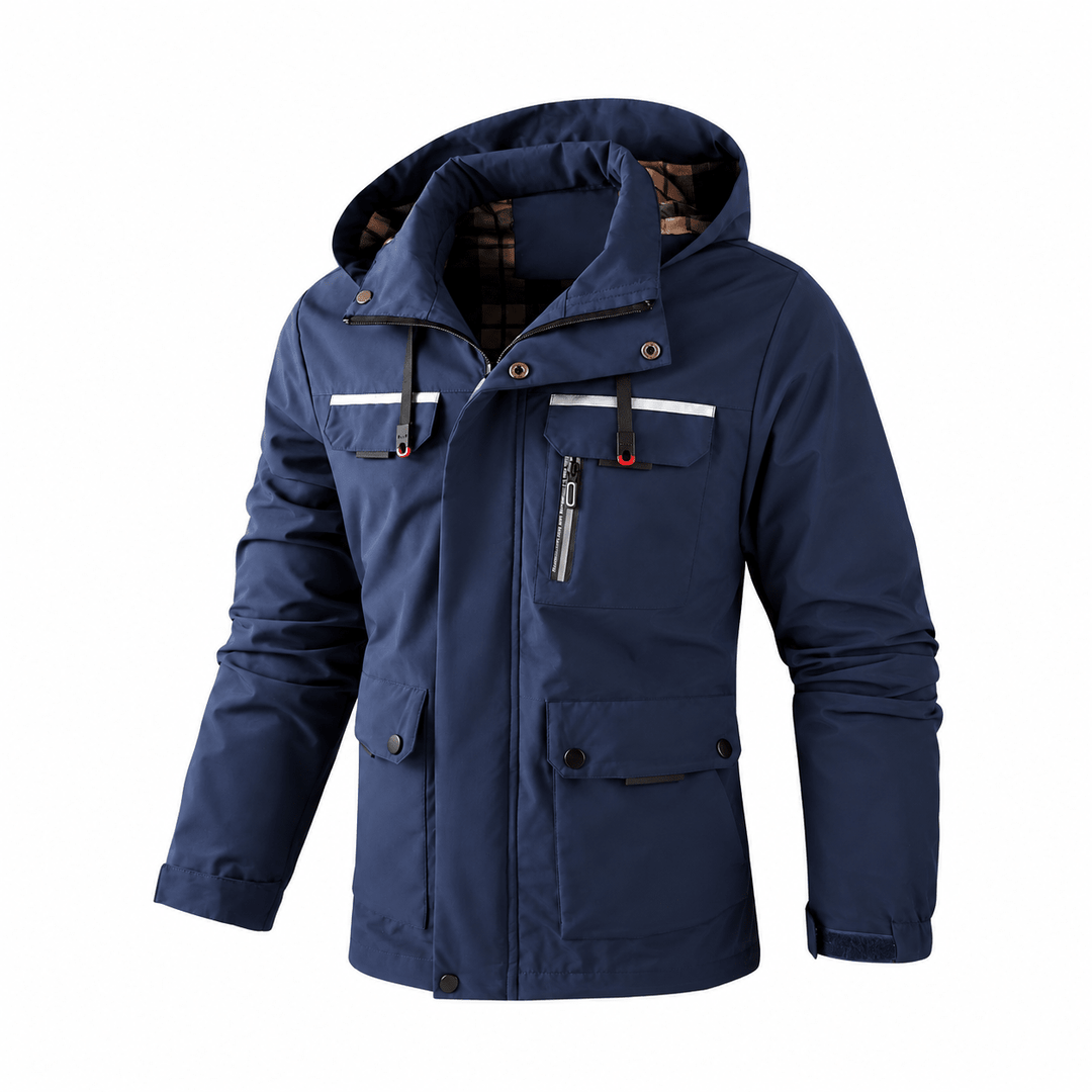 Hooded Jacket Mens Check Lined Multi Pocket Utility Zip Snap Storm Flap Outdoor - image 4