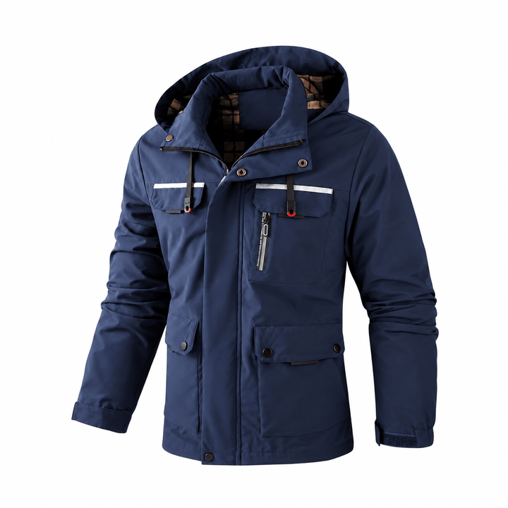 Hooded Jacket Mens Check Lined Multi Pocket Utility Zip Snap Storm Flap Outdoor - image 4