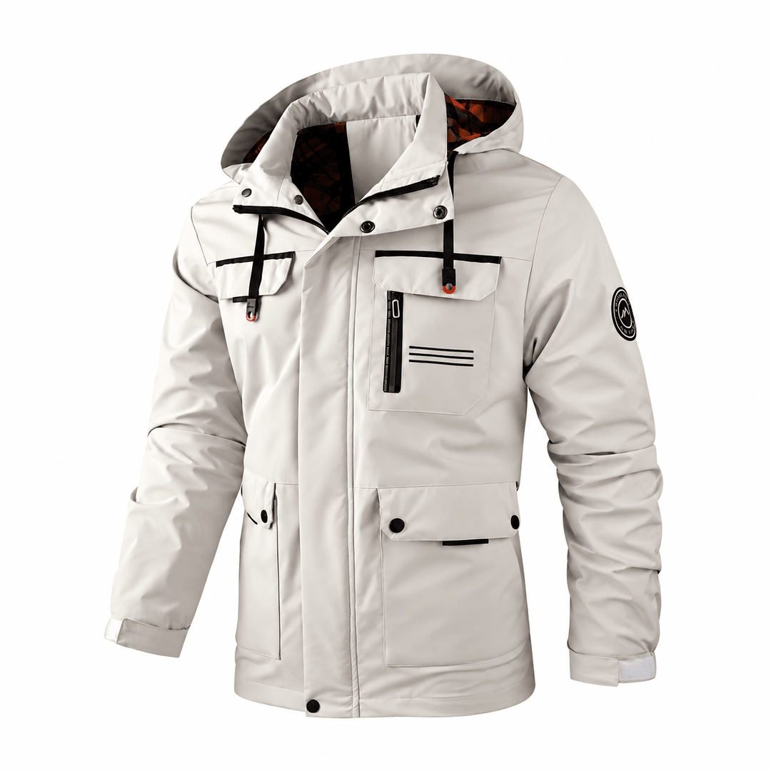 Hooded Jacket Mens Check Lined Multi Pocket Utility Zip Snap Storm Flap Outdoor - image 1