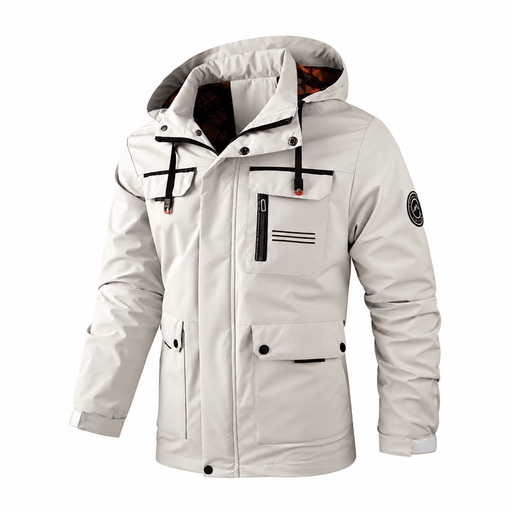 Hooded Jacket Mens Check Lined Multi Pocket Utility Zip Snap Storm Flap Outdoor - image 1