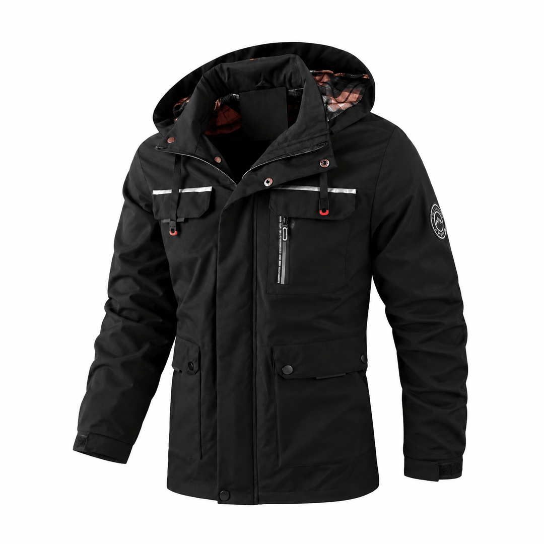 Hooded Jacket Mens Check Lined Multi Pocket Utility Zip Snap Storm Flap Outdoor - image 2