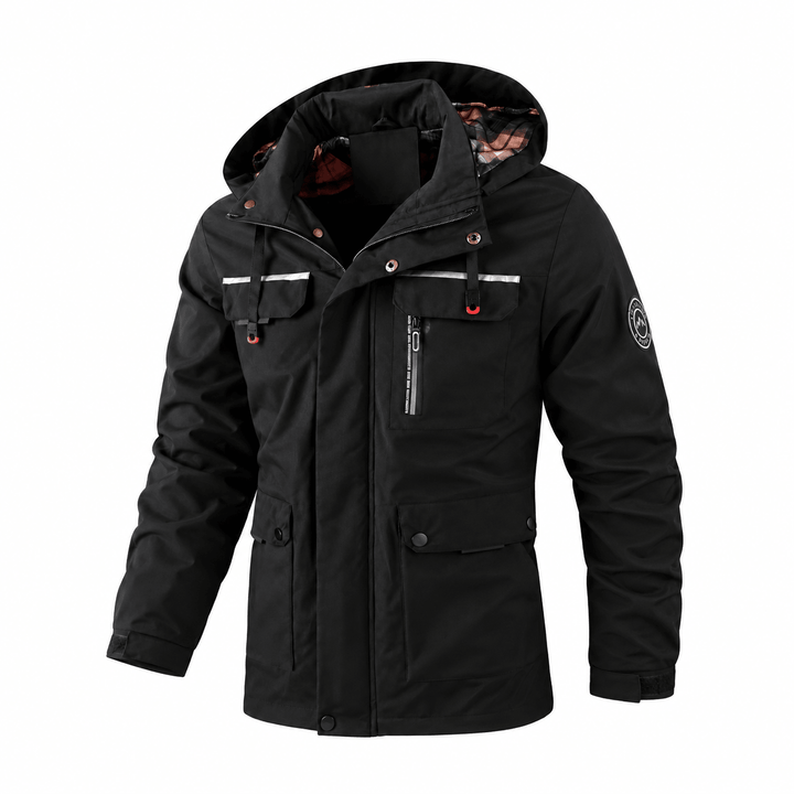 Hooded Jacket Mens Check Lined Multi Pocket Utility Zip Snap Storm Flap Outdoor - image 2
