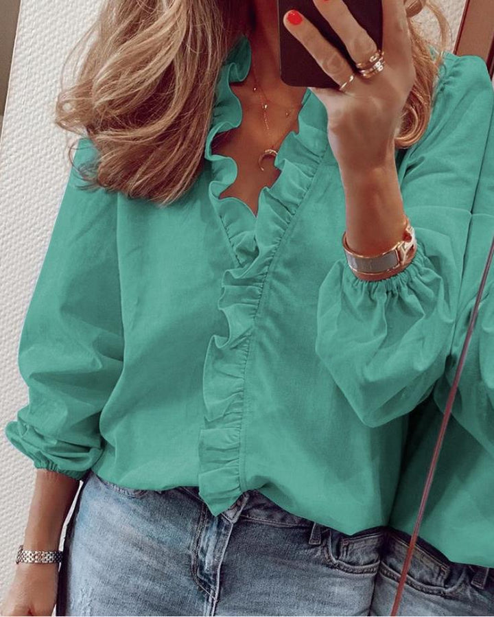 Blouse Womens Ruffle Trim V Neck Relaxed Fit