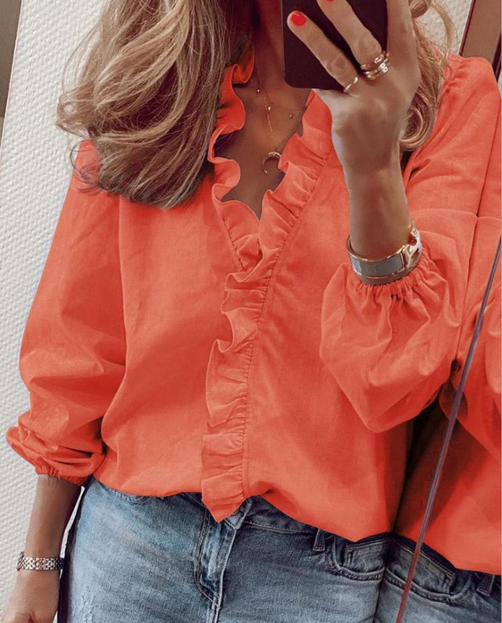 Blouse Womens Ruffle Trim V Neck Relaxed Fit