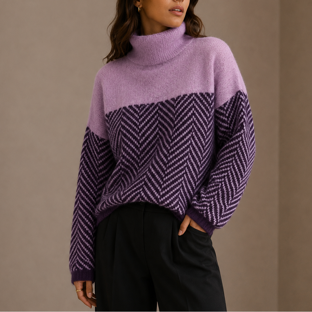 Roll Neck Jumper Womens Herringbone Colour Block Relaxed Fit Ribbed Trim - image 1