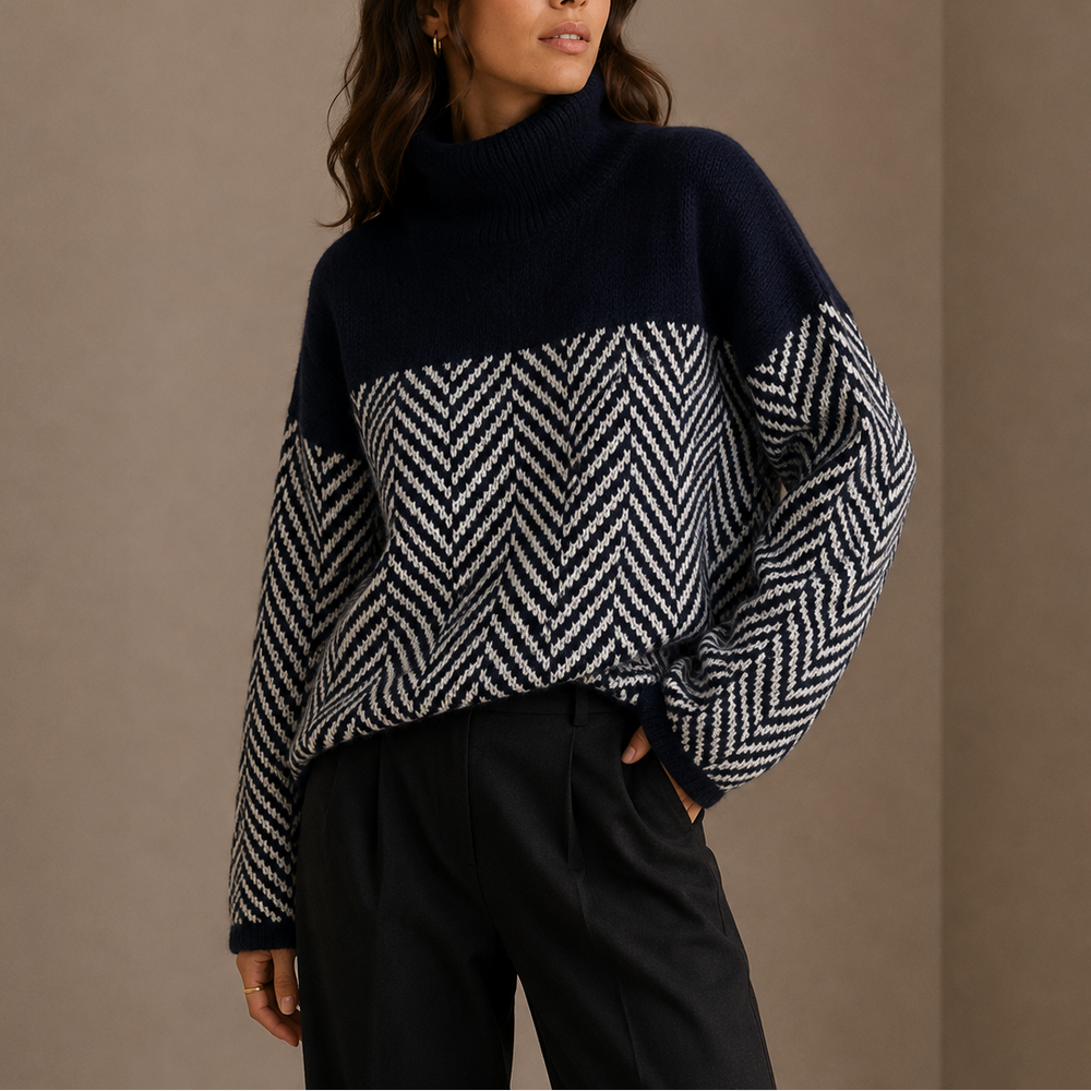 Roll Neck Jumper Womens Herringbone Colour Block Relaxed Fit Ribbed Trim - image 2