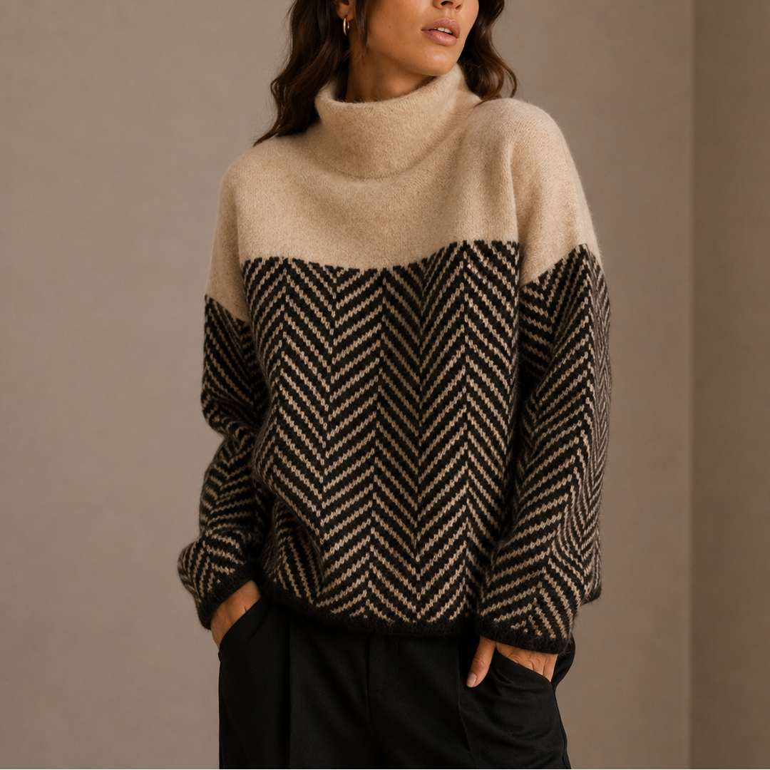Roll Neck Jumper Womens Herringbone Colour Block Relaxed Fit Ribbed Trim - image 3