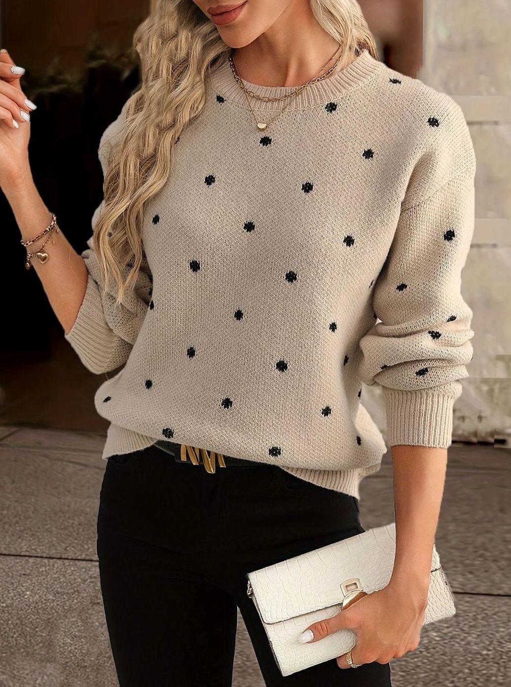 Knitted Jumper Womens All Over Spot Round Neck Ribbed Neckline Regular Fit - image 1