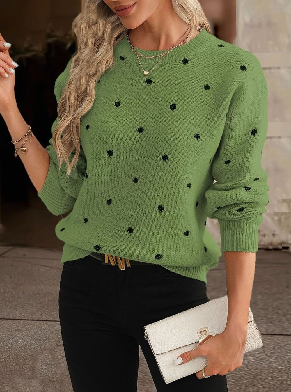 Knitted Jumper Womens All Over Spot Round Neck Ribbed Neckline Regular Fit - image 2