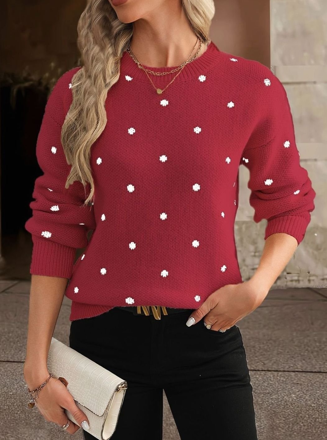 Knitted Jumper Womens All Over Spot Round Neck Ribbed Neckline Regular Fit - image 9