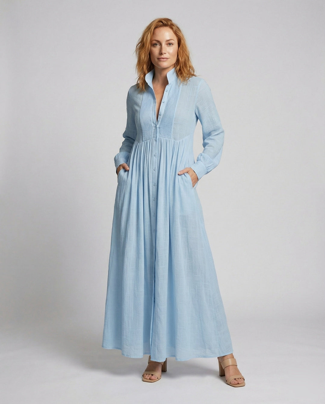 Maxi Shirt Dress Womens Button Front Gathered Waist Lightweight