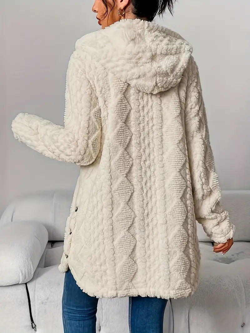 Longline Cardigan Womens Hooded Cable Knit Button Front Mid Thigh Length - image 11
