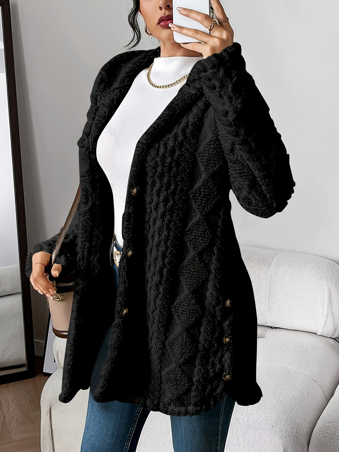 Longline Cardigan Womens Hooded Cable Knit Button Front Mid Thigh Length - image 5