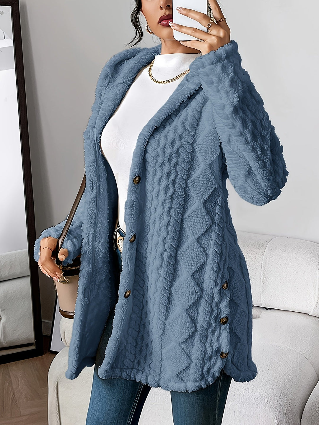 Longline Cardigan Womens Hooded Cable Knit Button Front Mid Thigh Length - image 7