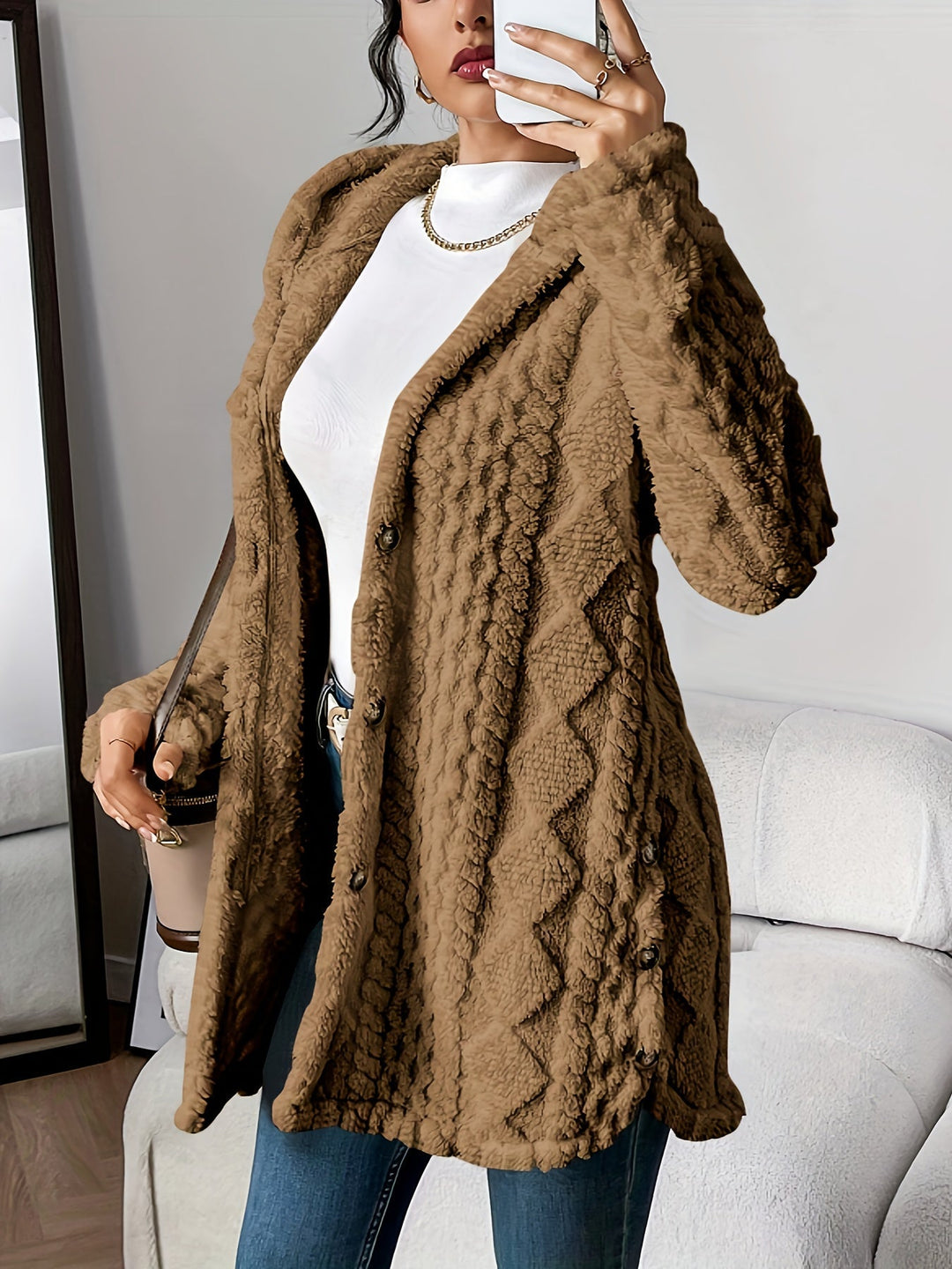 Longline Cardigan Womens Hooded Cable Knit Button Front Mid Thigh Length - image 3